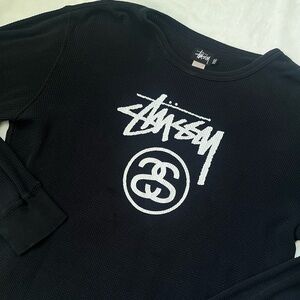 VINTAGE STUSSY BLACK WAFFLE KNIT THERMAL